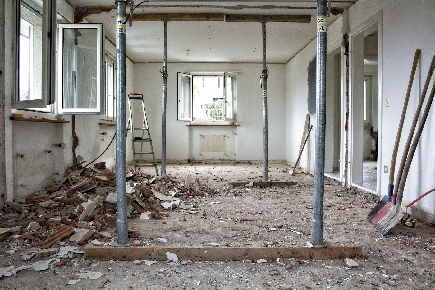 Construction debris in a room undergoing renovation